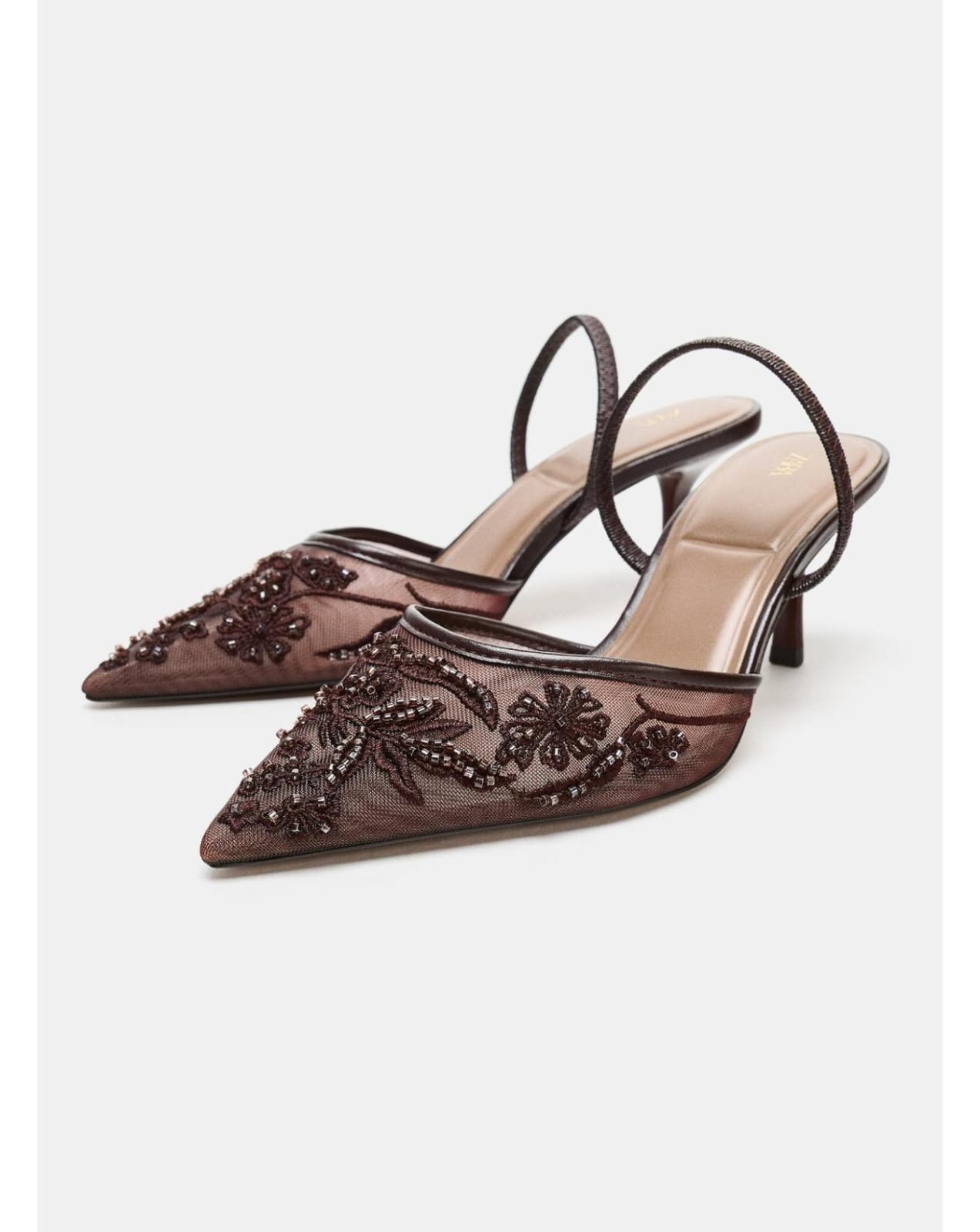 Embroidered mesh kitten-heel slingback in cocoa brown