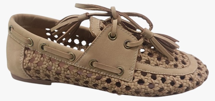 Hand-woven tan tassel boat shoe